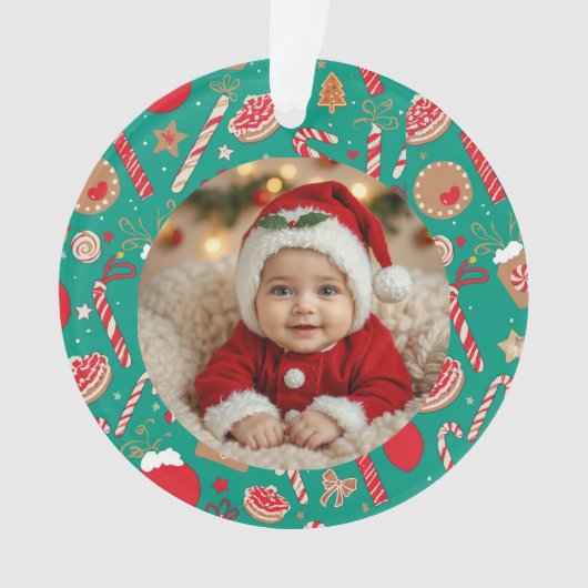 Playful Holiday Treats Photo Ornament – Hand-Drawn オーナメント (正面)