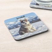 Playful Husky Personalized Beverage Coaster Set コースター (左側)