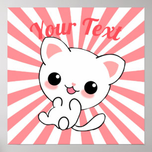 Playful Kawaii White Kitten Custom ポスター