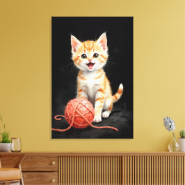 Playful Kitten Cat with Yarn Watercolor Print キャンバスプリント