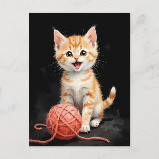 Playful Kitten Cat with Yarn Watercolor Print ポストカード (正面)