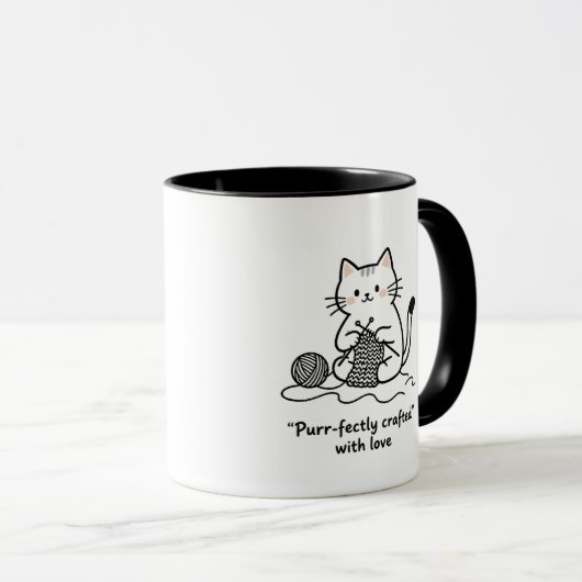 Playful Kitten Knitter Line Art Coffee Cup マグカップ (正面右)