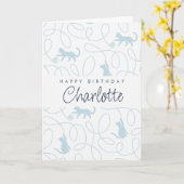 Playful Light Blue Cat Pattern Birthday カード (黄色い花)