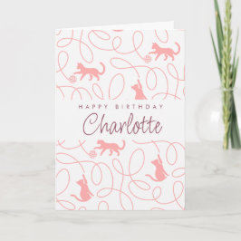 Playful Light Coral Pink Cat Pattern Birthday カード