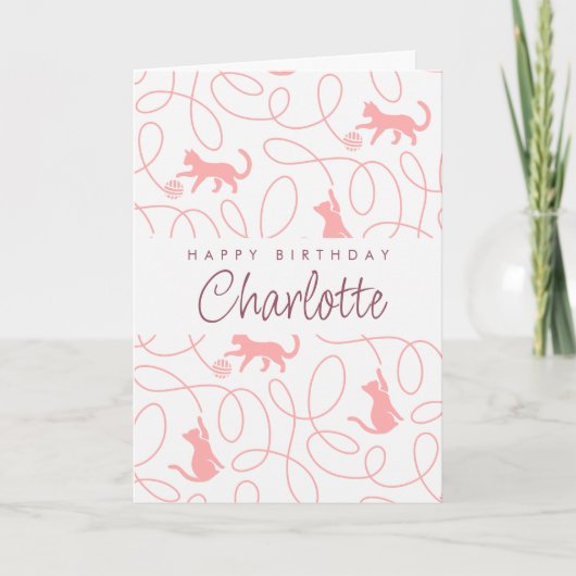 Playful Light Coral Pink Cat Pattern Birthday カード (正面)
