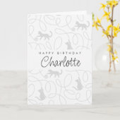 Playful Light Gray Cat Pattern Birthday カード (黄色い花)