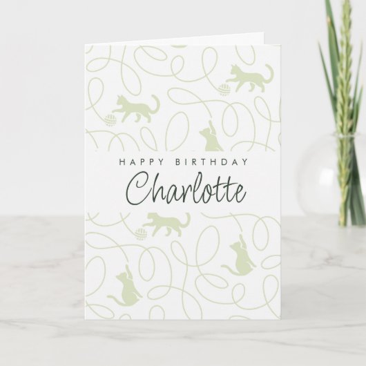 Playful Light Sage Green Cat Pattern Birthday カード (正面)
