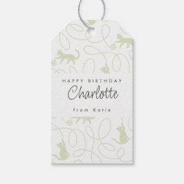 Playful Light Sage Green Cat Pattern Birthday ギフトタグ