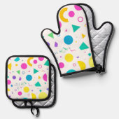 Playful Neon Memphis Geometric Retro Pattern 鍋つかみ&鍋敷きセット (正面/裏面)