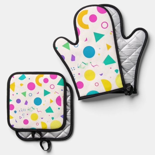Playful Neon Memphis Geometric Retro Pattern 鍋つかみ&鍋敷きセット (正面/裏面)