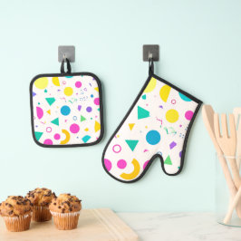 Playful Neon Memphis Geometric Retro Pattern 鍋つかみ&鍋敷きセット