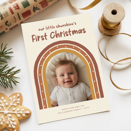 Playful Newborn Baby's First Christmas Arch Photo シーズンカード