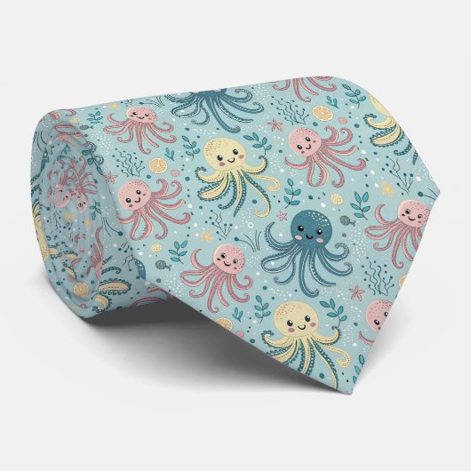 Playful Octopus Pattern – Blue Ocean Sea Life ネクタイ (ロール)