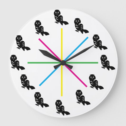 Playful Owl Wall Clock – Rainbow Stripes ラージ壁時計 (正面)