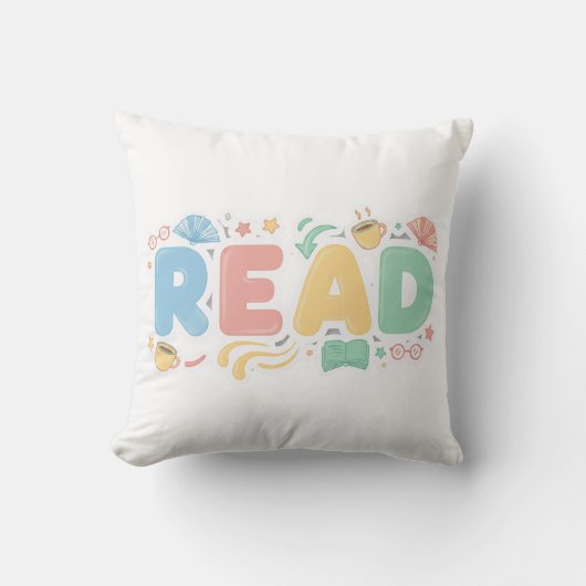 Playful Pastel Bubble "READ" Sticker Style クッション (正面)