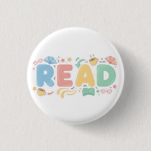 Playful Pastel Bubble "READ" Sticker Style 缶バッジ (正面)