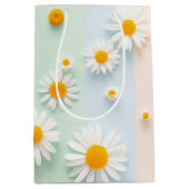 Playful Pastel Stripe White Daisy  Spring ミディアムペーパーバッグ (正面)