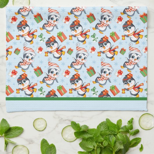 Playful Penguins For Christmas キッチンタオル (折り畳み)