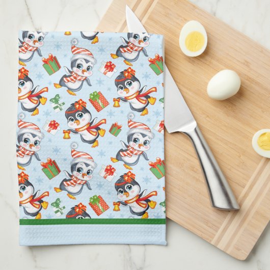 Playful Penguins For Christmas  キッチンタオル (四つ折り)