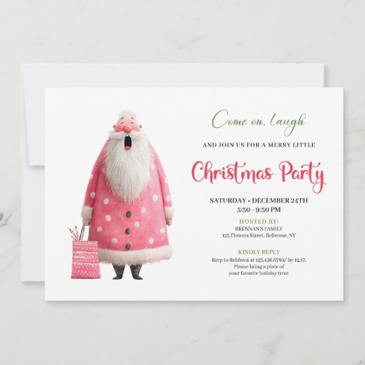 Playful Pink Santa Funny Christmas Party Printable 招待状 (正面)