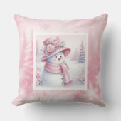 Playful Pink Snowman Pillow Cozy Winter Look クッション (正面)