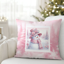 Playful Pink Snowman Pillow Cozy Winter Look クッション