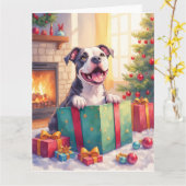 Playful Pitbull Opening Christmas Gifts Holiday カード (黄色い花)