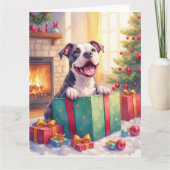 Playful Pitbull Opening Christmas Gifts Holiday カード (正面)