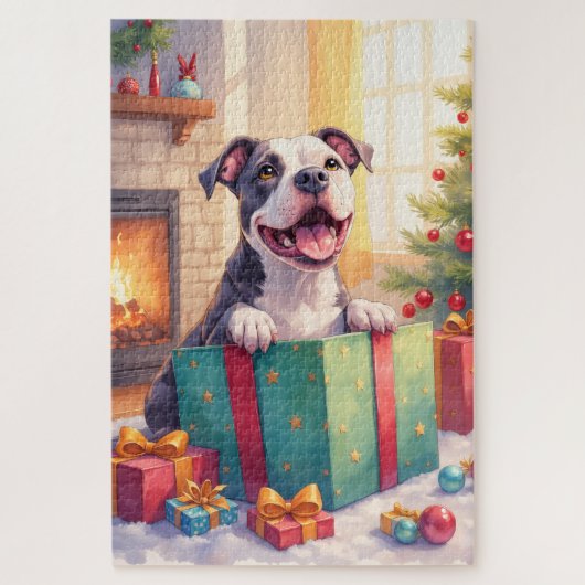 Playful Pitbull Opening Christmas Gifts Holiday ジグソーパズル (縦)
