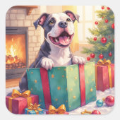 Playful Pitbull Opening Christmas Gifts Holiday スクエアシール (正面)