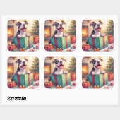 Playful Pitbull Opening Christmas Gifts Holiday スクエアシール (シート)