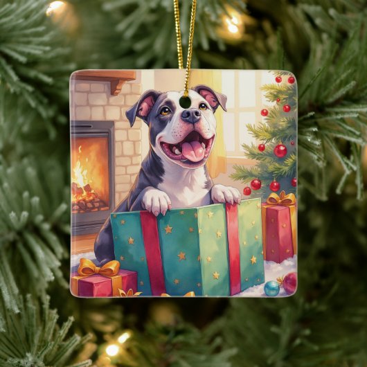 Playful Pitbull Opening Christmas Gifts Holiday セラミックオーナメント (ツリー)
