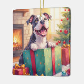Playful Pitbull Opening Christmas Gifts Holiday セラミックオーナメント (左)