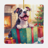 Playful Pitbull Opening Christmas Gifts Holiday セラミックオーナメント (裏面)