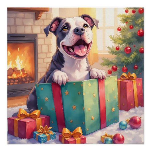 Playful Pitbull Opening Christmas Gifts Holiday ポスター (正面)