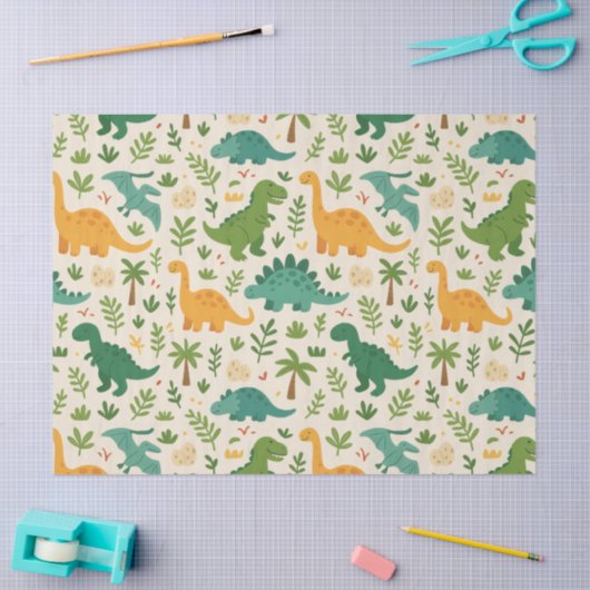 Playful Prehistoric Dinosaur Pattern Cheerful Leaf 薄葉紙 (クラフト)