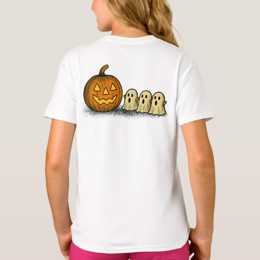 Playful Pumpkin with Three Spooky Ghosts Tシャツ (裏面)