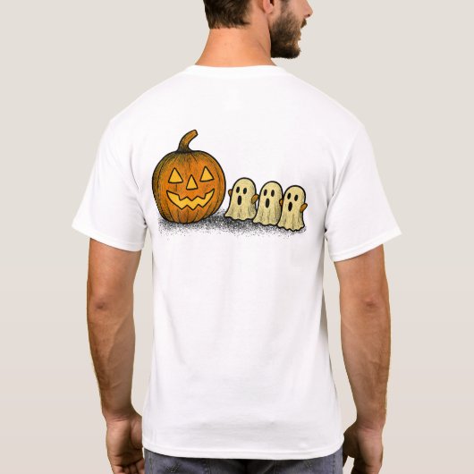 Playful Pumpkin with Three Spooky Ghosts Tシャツ (裏面)