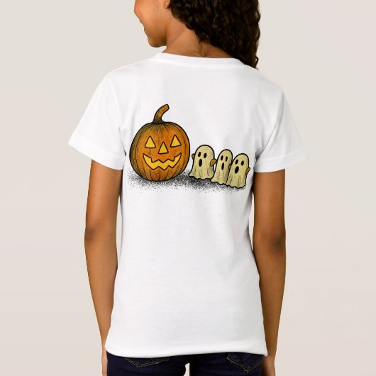 Playful Pumpkin with Three Spooky Ghosts Tシャツ (裏面)