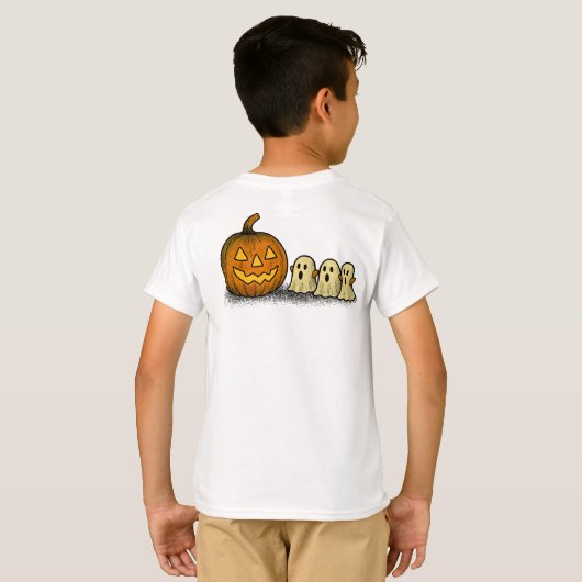 Playful Pumpkin with Three Spooky Ghosts Tシャツ (裏面フル)