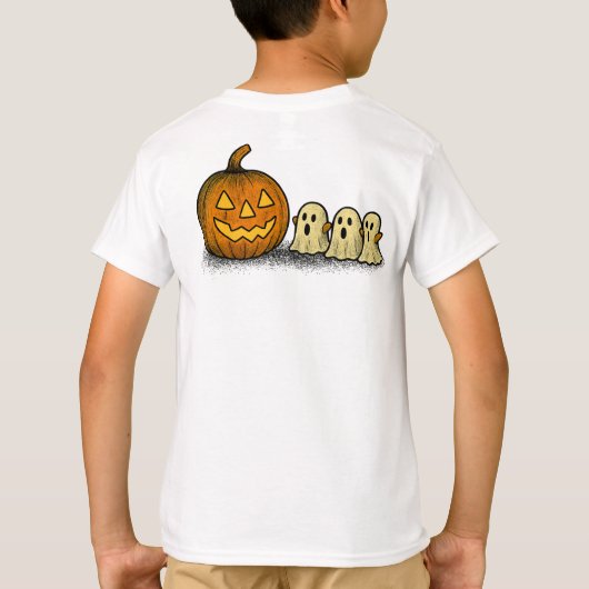 Playful Pumpkin with Three Spooky Ghosts Tシャツ (裏面)