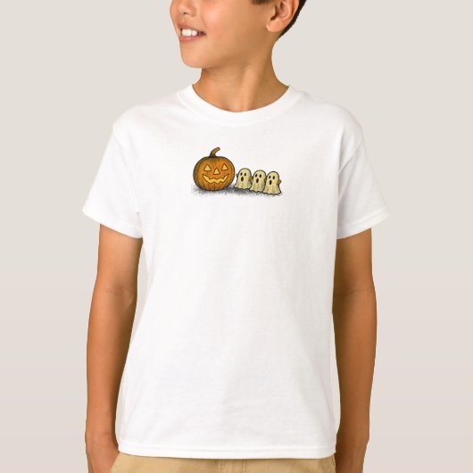 Playful Pumpkin with Three Spooky Ghosts Tシャツ (正面)