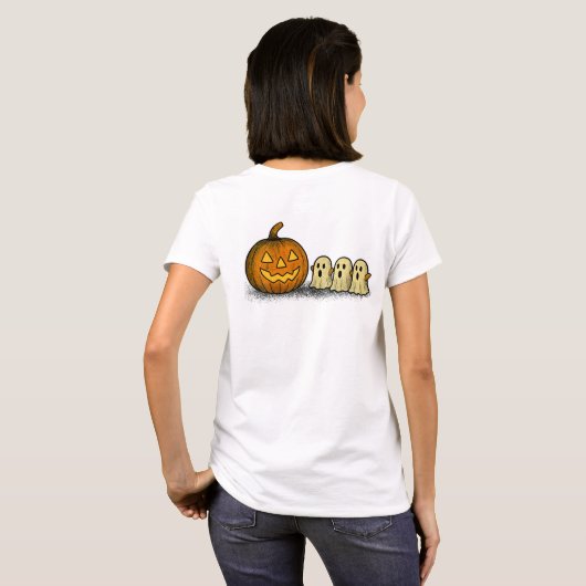 Playful Pumpkin with Three Spooky Ghosts Tシャツ (裏面フル)