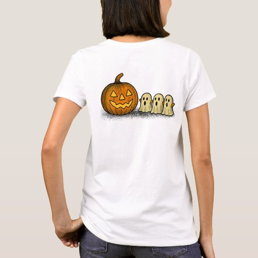 Playful Pumpkin with Three Spooky Ghosts Tシャツ (裏面)