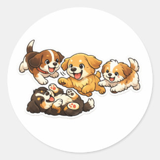 Playful Puppies Sticker – Cute Cartoon Dog Design ラウンドシール