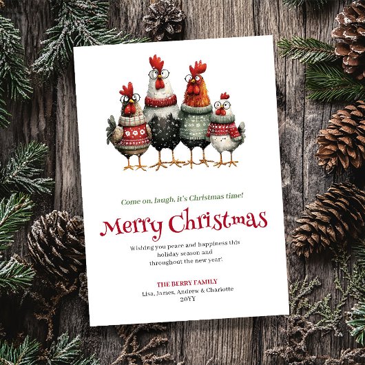 Playful quirky chickens Christmas greeting card シーズンカード