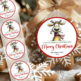 Playful quirky reindeer bright Christmas sticker ラウンドシール