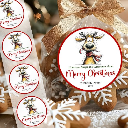 Playful quirky reindeer bright Christmas sticker ラウンドシール