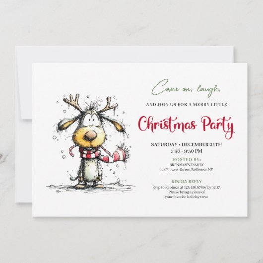 Playful quirky reindeer Christmas party invite 招待状 (正面)