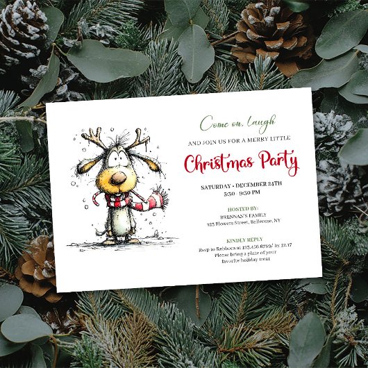 Playful quirky reindeer Christmas party invite 招待状